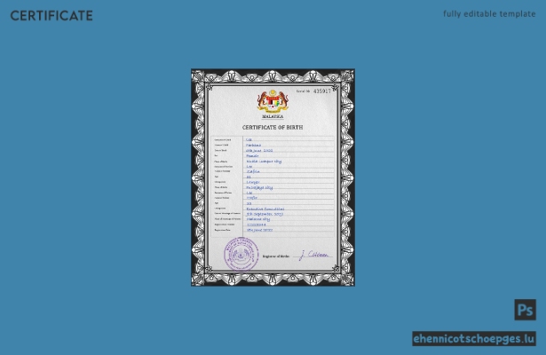 Malaysia Geburtsurkunde PSD-Beispielvorschau